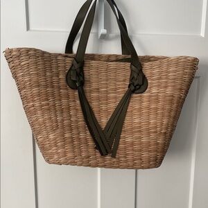 Ulla Johnson Woven Tote with Dark Green Leather Accents